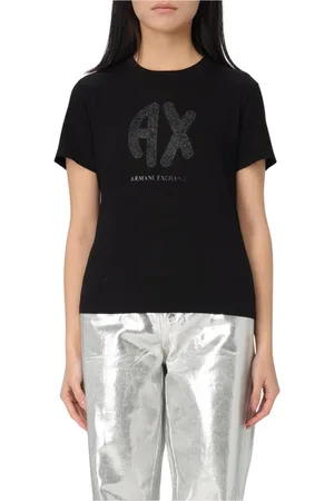 Armani Exchange Tops, Dames, Zwart, XS, Katoen, Glitter Logo T-Shirt