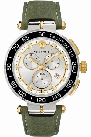 VERSACE Accessoires, Heren, Veelkleurig, ONE Size, Greca Chrono Leren Band Horloge