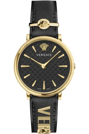 VERSACE Accessoires, Dames, Zwart, ONE Size, V-Circle Leren Horloge Zwart Goud