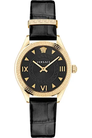 VERSACE Accessoires, Dames, Geel, ONE Size, Hellenyium Zwarte Leren Dameshorloge