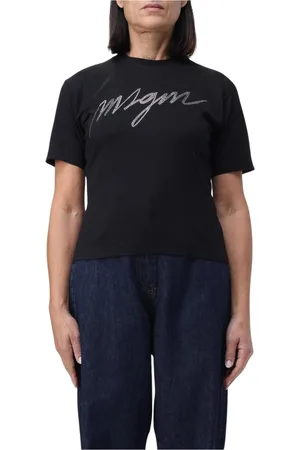 Msgm Tops, Dames, Zwart, S, Katoen, Strass Detail Katoenen T-Shirt Vrouwen