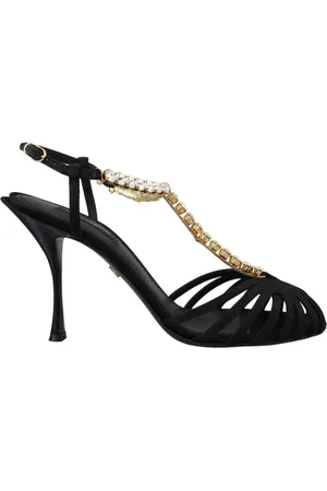 Dolce & Gabbana Schoenen, Dames, Zwart, 35 1/2 EU, Satijn, Elegante Kristal T-Strap Hakken