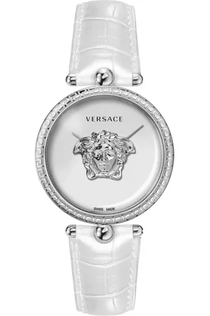 VERSACE Accessoires, Dames, Grijs, ONE Size, Wit en Zilver Palazzo Leren Horloge