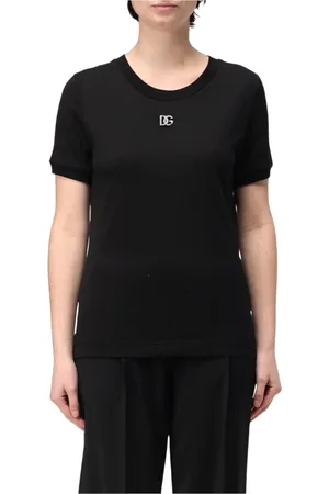 Dolce & Gabbana Tops, Dames, Zwart, M, Katoen, Wit Logo T-shirt voor vrouwen