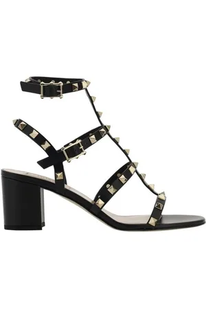 VALENTINO GARAVANI Schoenen, Dames, Zwart, 37 1/2 EU, Leer, Sandalen met Noppen en Blokhak van Leer