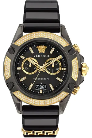 VERSACE Accessoires, unisex, Zwart, ONE Size, Unisex Horloge Icon Active Gouden Wijzerplaat Zwarte Siliconen Band Vez 701723
