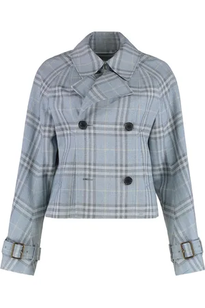 Burberry Jassen, Dames, Blauw, 2Xs, Geruite Motief Trenchcoat met Revers