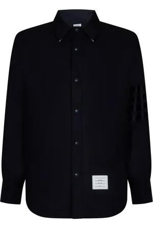 Thom Browne Overhemden, Heren, Blauw, L, Wol, Donkerblauwe wollen overhemdjas met 4-Bar detail
