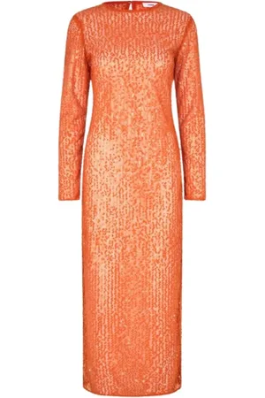 Samsøe Samsøe Kleedjes, Dames, Oranje, S, Pailletten, Oranje Pailletten Midi Jurk met Lange Mouwen