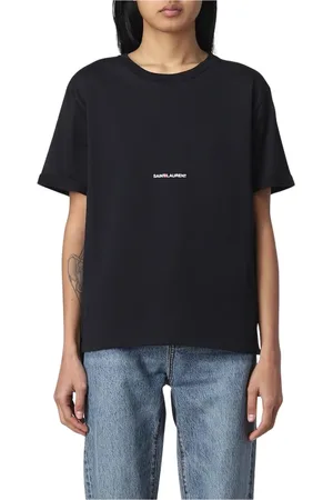 Saint Laurent Tops, Dames, Zwart, S, Katoen, Zwart Logo T-shirt voor Vrouwen