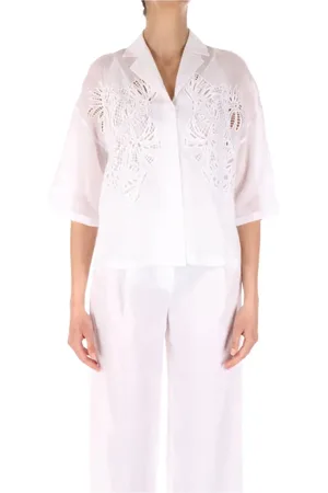 Max Mara Blouses & Shirts, Dames, Wit, S, Witte Bowling Kraag Jas met Borduurwerk