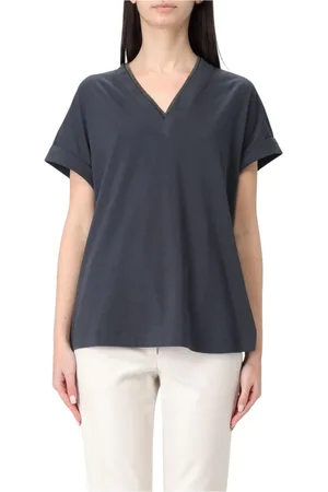 Brunello Cucinelli Blouses & Shirts, Dames, Blauw, S, Katoen, Blauwe Chain Detail Tee
