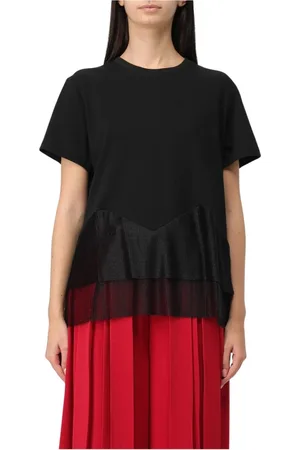 Twin-Set Tops, Dames, Zwart, XS, Katoen, Zwart Gelaagd T-shirt Met Geplooide Overlay