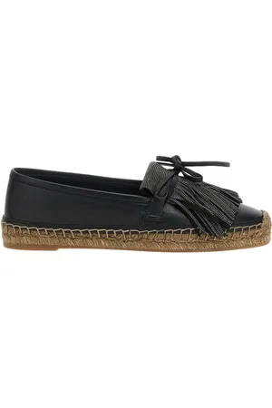 Brunello Cucinelli Schoenen, Dames, Zwart, 39 EU, Jute, Zwarte Leren Franje Espadrilles