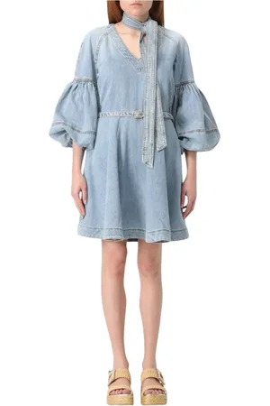ZIMMERMANN Kleedjes, Dames, Blauw, M, Denim, Blauwe Denim Mini Jurk Pofmouwen