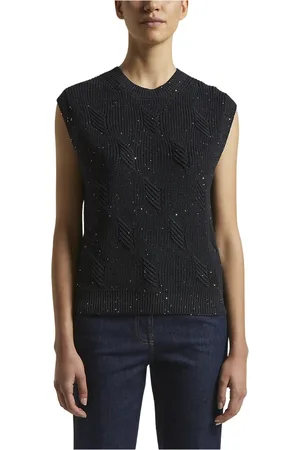 PESERICO SIGN Truien, Dames, Blauw, M, Katoen, Katoenen cordonetto top met pailletten