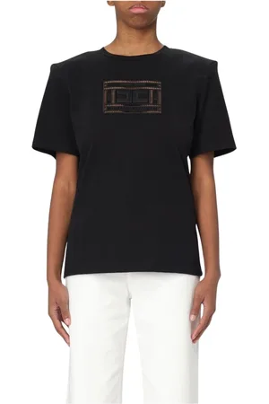 Elisabetta Franchi Tops, Dames, Zwart, XS, Katoen, Zwarte versierde T-shirt