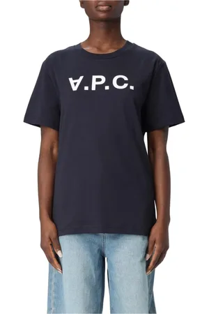 A.P.C. Tops, Dames, Blauw, XS, Katoen, Wit Logo T-shirt