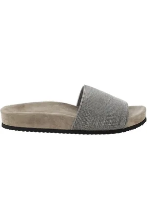 Brunello Cucinelli Schoenen, Dames, Grijs, 40 EU, Suède, Iconische Juweel Platte Sandalen