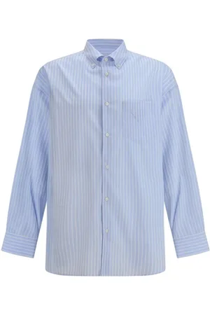 Prada Overhemden, Heren, Blauw, S, Katoen, Gestreept Katoenen Overhemd met Mandarin Kraag
