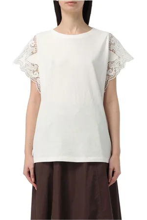 Twin-Set Tops, Dames, Wit, 2Xl, Katoen, Witte Kant Katoenen Top