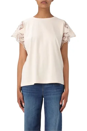 Twin-Set Tops, Dames, , XS, Katoen, Wit Kant Detail T-Shirt