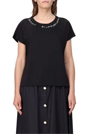 Liu Jo Tops, Dames, Zwart, XS, Witte Geborduurde Korte Mouw Top