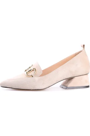 CESARE GASPARI Schoenen, Dames, , 36 EU, Suède, Suède Blokhak Loafers met Gouden Kettingdetail
