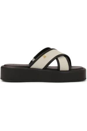 Kazar Schoenen, Dames, Zwart, 36 EU, Leer, Leren teenslippers op een dikke zool met kruisbanden