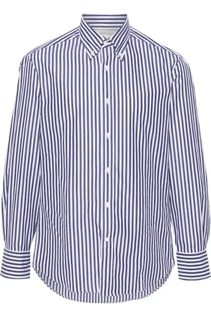 Brunello Cucinelli Overhemden, Heren, Blauw, M, Katoen, Navy Gestreepte Poplin Overhemd