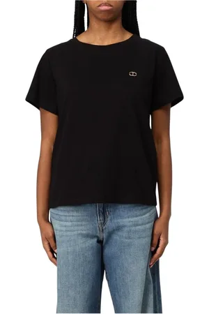 Twin-Set Tops, Dames, Zwart, L, Katoen, Zwart Crew Neck T-Shirt Vrouwen