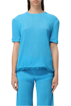 Msgm Tops, Dames, Blauw, S, Polyester, Turquoise Rode Zoom Korte Mouw Top