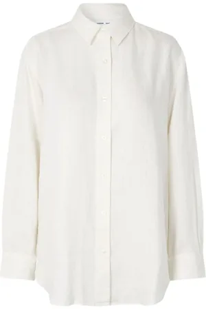 Samsøe Samsøe Blouses & Shirts, Dames, Wit, L, Linnen, Linnen overhemdblouse met lange mouwen