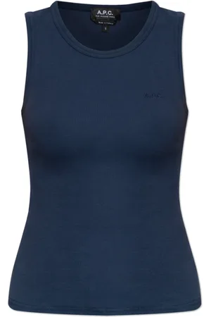 A.P.C. Tops, Dames, Blauw, L, Katoen, Geribbelde top met geborduurd logo