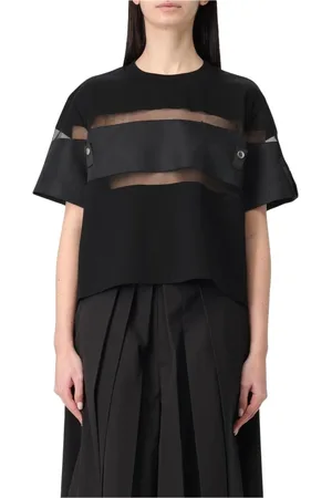 SACAI Tops, Dames, Zwart, S, Katoen, Doorschijnende Panel Gelaagd T-Shirt Zwart