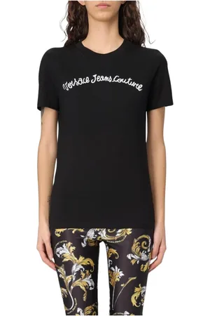 VERSACE Tops, Dames, Zwart, XS, Katoen, Zwarte Curved Hem Tee