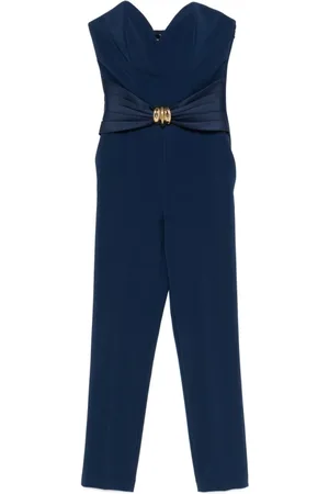 Elisabetta Franchi Jumpsuits & Playsuits, Dames, Blauw, M, Polyester, Flowing Crêpe Jumpsuit met Macro Strik
