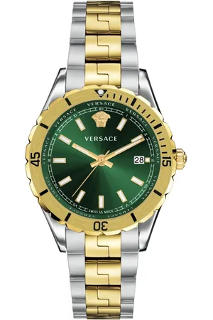 VERSACE Accessoires, Heren, Geel, ONE Size, Analoge Datum Quartz Horloge Groen Roestvrij Staal