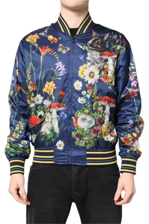 Dolce & Gabbana Jassen, Heren, Veelkleurig, M, Polyester, Blauwe Bloemenbomberjack met Rits