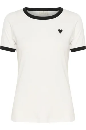 Kaffe Tops, Dames, Wit, XL, Hart Geborduurde Tee Top Krijt/Zwart