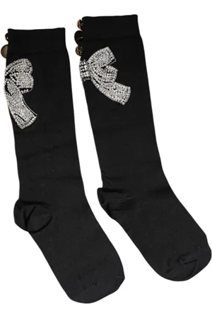 Dolce & Gabbana Ondergoed, Dames, Zwart, ONE Size, Wol, Zwarte Gebreide Bloemen Kristal Verfraaiing Sokken