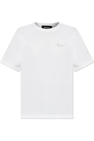 Dsquared2 Tops, Dames, Wit, L, Katoen, T-shirt met logo afgewerkt met glinsterende applicaties