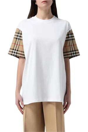 Burberry Tops, Dames, Wit, XS, Katoen, Geruite Mouw T-Shirt