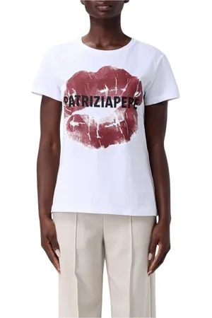 Patrizia Pepe Tops, Dames, Wit, M, Katoen, Zwart Lips Print T-Shirt