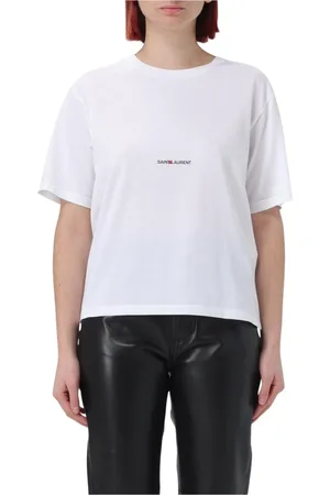 Saint Laurent Tops, Dames, Wit, XS, Katoen, Zwarte korte mouwen T-shirt