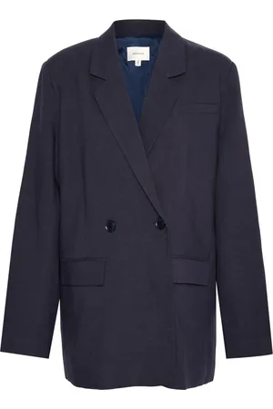 Gestuz Jassen, Dames, Blauw, XL, Linnen, Navy Linnen Blazer met Box Fit