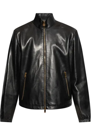 VERSACE Jassen, Heren, Zwart, XL, Leer, Leren jas met opstaande kraag