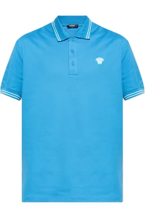VERSACE Tops, Heren, Blauw, L, Katoen, Polo met een kenmerkende Medusa-hoofd