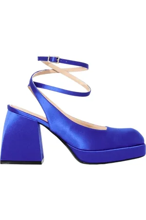 NODALETO Schoenen, Dames, Blauw, 37 1/2 EU, Leer, Blauwe Vierkante Neus Hoge Hakken