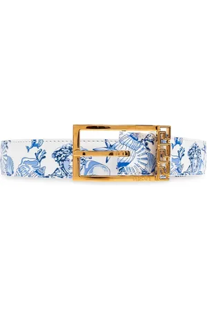 VERSACE Accessoires, Heren, Blauw, 85 CM, Leer, Leren riem met Coral Theatre Allove-print